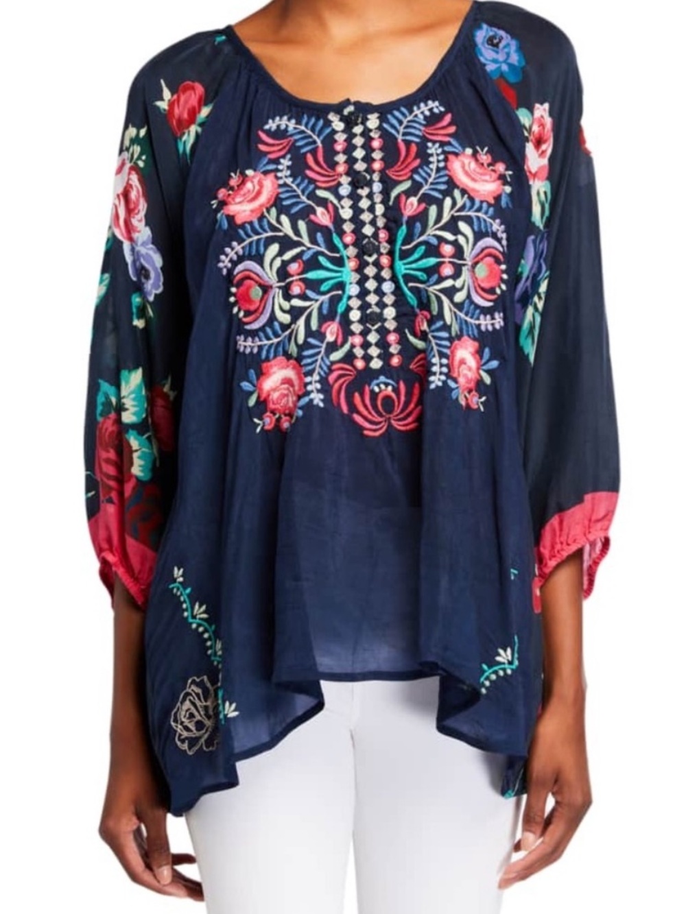 JOHNNY WAS Rosey Embroidered Floral Print Tunic Top S